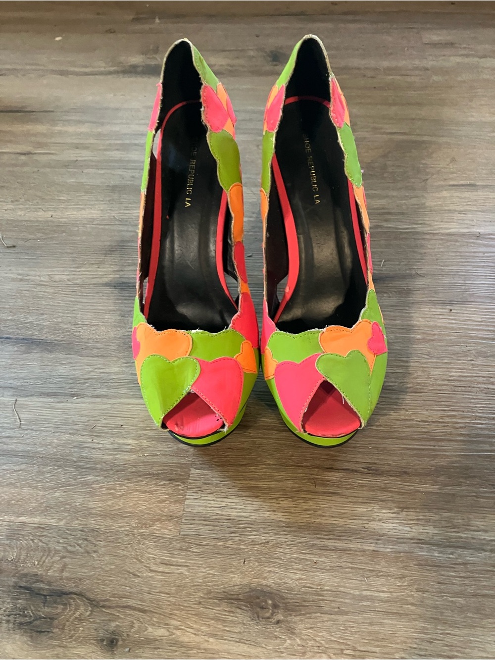 Shoe Republic LA Neon Pink & Lime Heart Peep-Toe Pumps